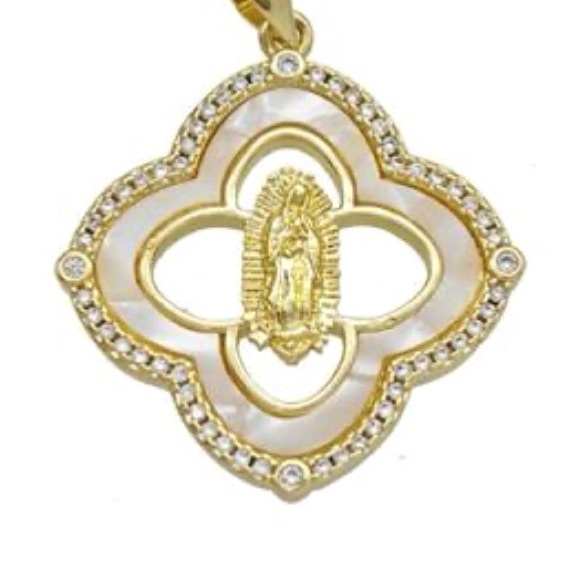 “Our Lady of Guadelupe” Virgin Mary Mother of Pearl Clover Framed 18K Necklace